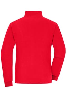 A red bonded fleece jacket with a high collar and long sleeves, featuring a logo on the back.