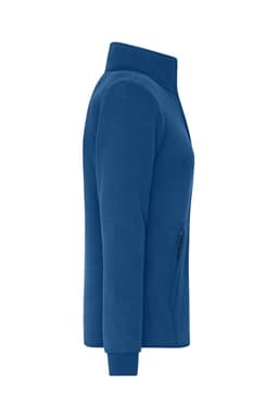 A side view of a blue bonded fleece jacket with a high collar and a zippered pocket. It features a logo.