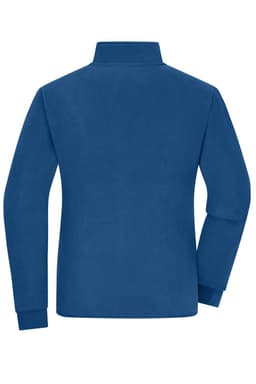 A blue ladies bonded fleece jacket with a high collar and long sleeves, featuring a logo on the back.