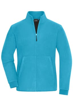 A turquoise bonded fleece jacket with a zip closure and two front pockets. It features a collar and has a logo.