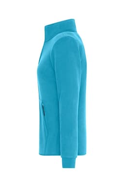 A turquoise ladies bonded fleece jacket featuring a zippered pocket and a high collar.