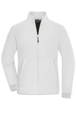 A white polar fleece jacket featuring a zip front, high collar, and two front pockets. It includes branding.