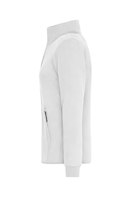 A grey ladies bonded fleece jacket featuring a zippered pocket and a high collar. It includes a logo on the front.
