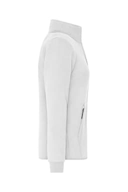 A ladies' bonded fleece jacket in white, featuring a zippered pocket and a high collar, with a sleek side view.