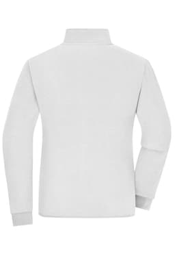 A ladies' polar fleece jacket in white, featuring long sleeves and a high collar. It has a logo on the back.