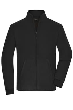 A black bonded fleece jacket with a zip front, standing collar, and side pockets. It features branding on the label.