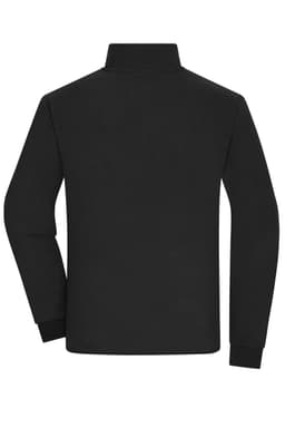 A black men's bonded fleece jacket featuring a high collar and long sleeves, with a logo on the back.