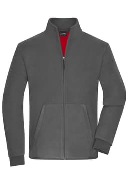 A grey men's bonded fleece jacket with a red interior and side pockets, featuring a zip closure and a collar.