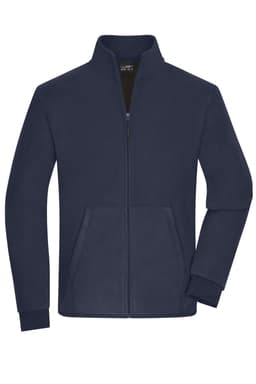 A navy bonded fleece jacket featuring a zip front and side pockets. The jacket has a collar and long sleeves.