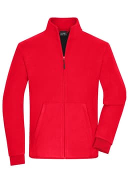 A red bonded fleece jacket with a high collar and zip closure, featuring side pockets. It has a logo on the chest.