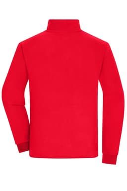 A red men's bonded fleece jacket with a high collar and long sleeves, featuring a logo on the back.