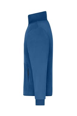 A blue bonded fleece jacket displayed from the side, featuring a zip pocket and a high collar.