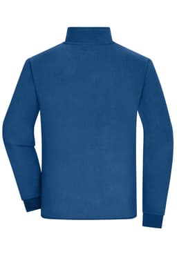 A blue men's bonded fleece jacket featuring a high collar and long sleeves, with a branding logo on the back.