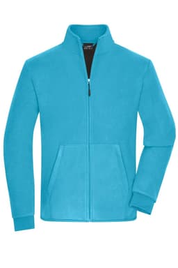 A mens bonded fleece jacket in a bright teal colour with a zip front and side pockets. Features a logo on the chest.