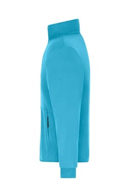 A turquoise men's bonded fleece jacket displayed from the side, featuring a zip pocket and a logo.