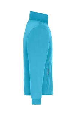 A side view of a men's bonded fleece jacket in bright blue, featuring a zip pocket and a high collar.