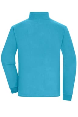 A blue bonded fleece jacket with long sleeves and a high collar, featuring a logo on the back.