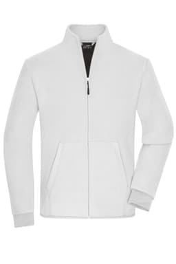 A white bonded fleece jacket with a zip front and side pockets, featuring a collar and a logo.