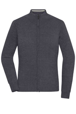 A ladies zip-cardigan in dark grey with long sleeves and a fitted silhouette. It features a zip closure and a subtle logo.
