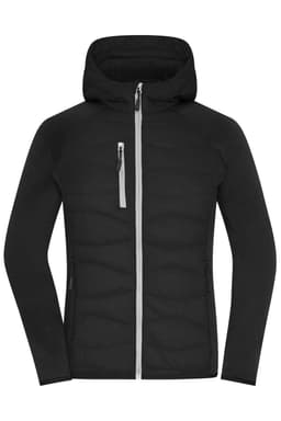A black hybrid jacket featuring a hood, zip pockets, and contrasting grey details. It has a logo on the sleeve.