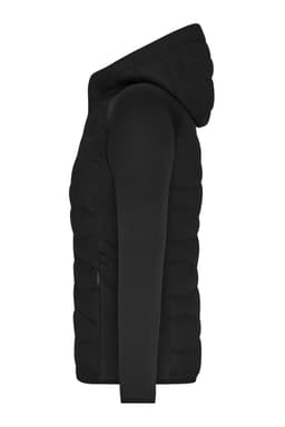 A black ladies hybrid jacket with a hood, featuring a quilted design and a fitted silhouette.