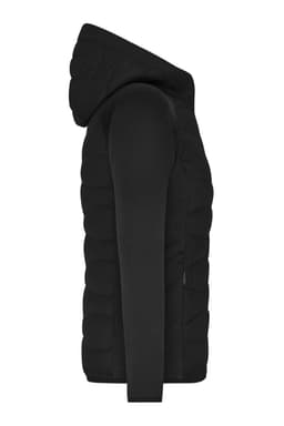A black ladies hybrid jacket featuring a padded body and a fitted design with a hood.