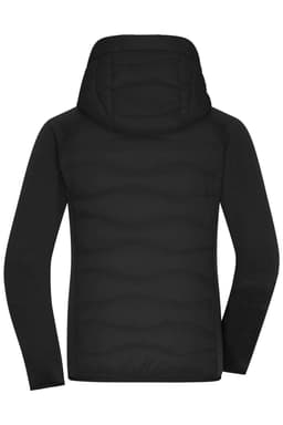 A black ladies hybrid jacket featuring a hood and a puffy design, with a smooth back view and no visible branding.