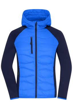 A hybrid jacket featuring a blue puffy front and navy sleeves. It has a zip-up front and a hood, with a logo present.