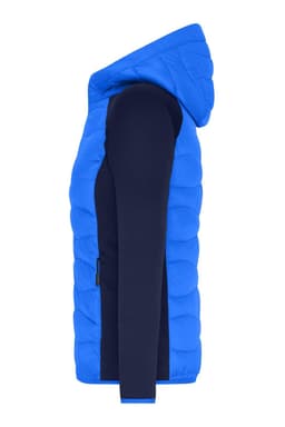 A blue hybrid jacket featuring a puffy hooded design with a fitted dark navy sleeve and side view.