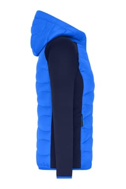 A blue hybrid jacket featuring a puffy hooded design and a fitted navy sleeve, with a logo present.