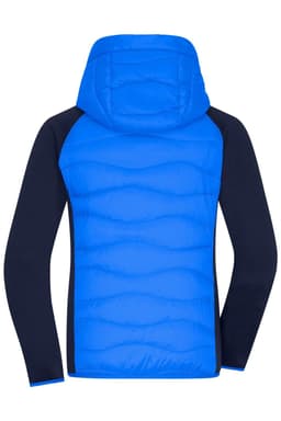 A hybrid jacket featuring a blue quilted body and dark blue sleeves. It has a hood and a logo on the design.