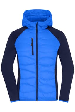 A blue and navy ladies hybrid jacket featuring a zip front and a hood. The design includes a logo on the jacket.