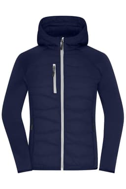 A navy hybrid jacket with a zip front and hood, featuring grey accents and a logo on the chest.
