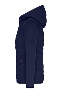 A navy blue ladies hybrid jacket with a hood, featuring a quilted design and zippered side pockets.