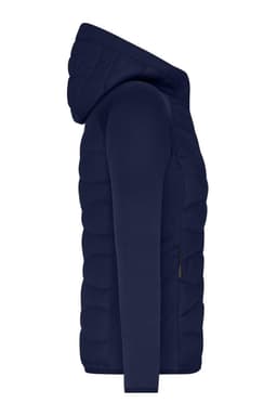 A navy hybrid jacket featuring a hood and quilted design, with a side view showcasing its fitted silhouette.