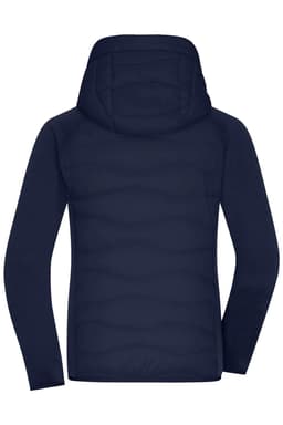 A navy hybrid jacket featuring a hood, showcasing a quilted design on the back. It has a small logo.