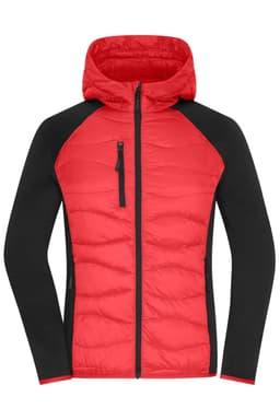 A red and black ladies hybrid jacket with a hood and zippered pockets. Features a puffy body and fitted sleeves.