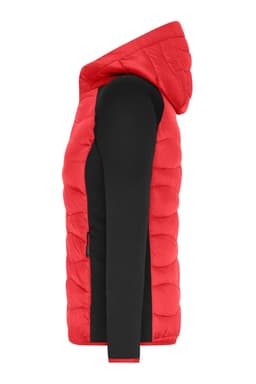 A hybrid jacket featuring a red padded hood and black sleeves, designed for women. It includes a logo on the garment.