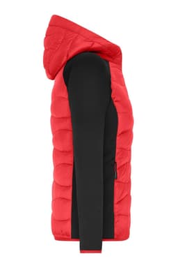 A red and black hybrid jacket featuring a puffy hooded design and a fitted sleeve. It includes a logo on the front.