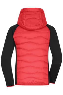 A red and black ladies hybrid jacket featuring a hood and a quilted design on the back. It has a logo on the fabric.