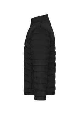A black padded puffer jacket with a side view, featuring a zippered pocket and a sleek design.