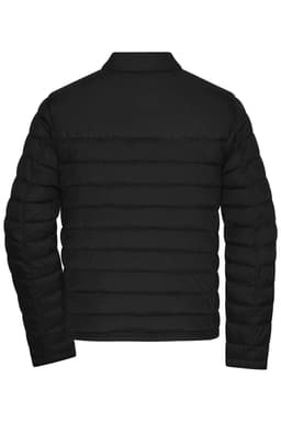 A black padded jacket with a quilted texture, featuring long sleeves and a classic collar. It has a logo on the back.