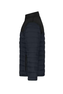 A men's padded jacket in navy with black shoulders, featuring a zip pocket on the side and a logo.