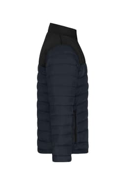 A men's padded jacket in navy blue with a black upper section and a logo on the side.