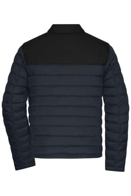 A padded jacket in navy blue with a black upper section, featuring a logo on the back.
