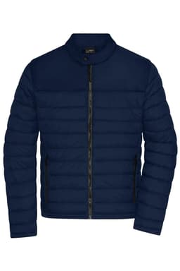 A navy padded jacket with a zip front, featuring a high collar and subtle branding.