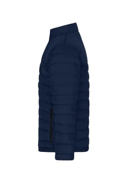 A navy men's padded jacket featuring a side zip pocket and a sleek, insulated design.