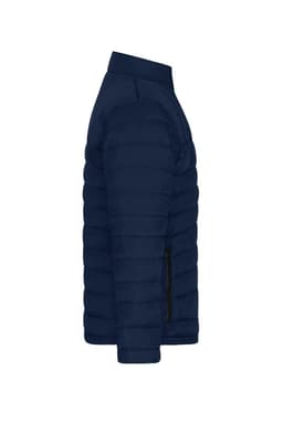 A navy padded puffer jacket with a stand-up collar and side zipper pockets. It features a brand logo.