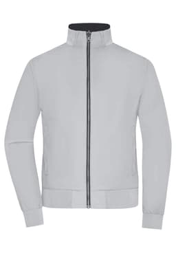 A light grey ladies blouson jacket featuring a zip closure and a high collar, with ribbed cuffs and hem.