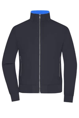 A navy blue ladies blouson jacket featuring a zippered front and side pockets. It has a high collar and fitted cuffs.